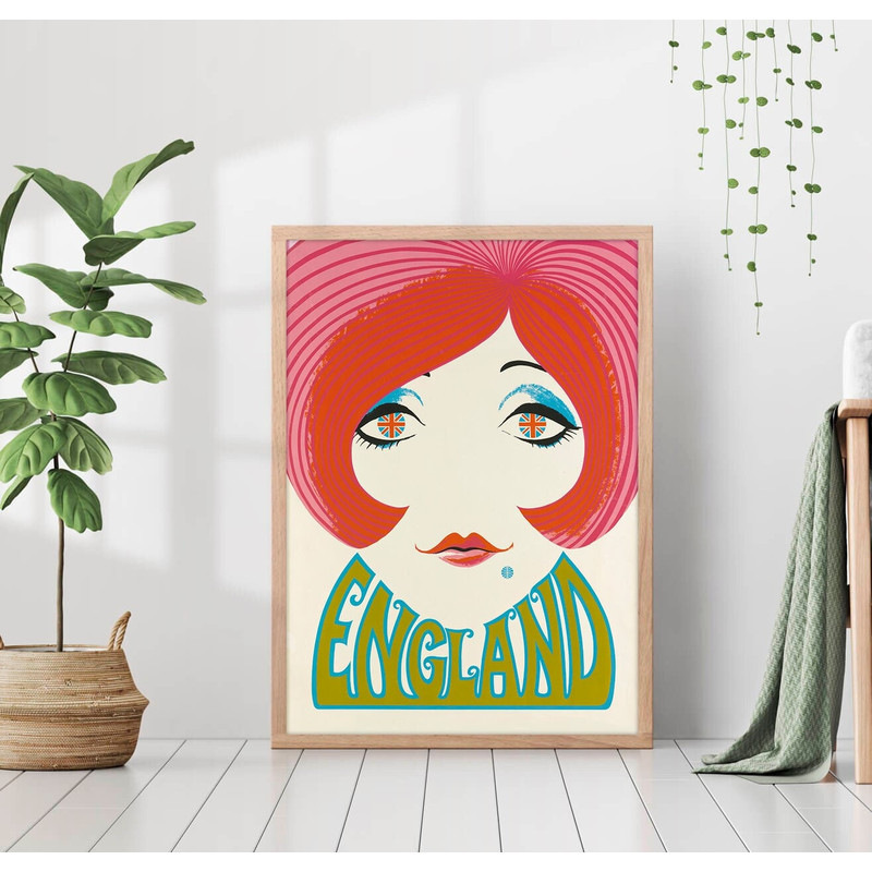 England Vintage Travel Poster Mod Girl Groovy Girl Canvas Print Framed Retro Wall Decor Union Jack United Kingdom Art London British Prints.jpg