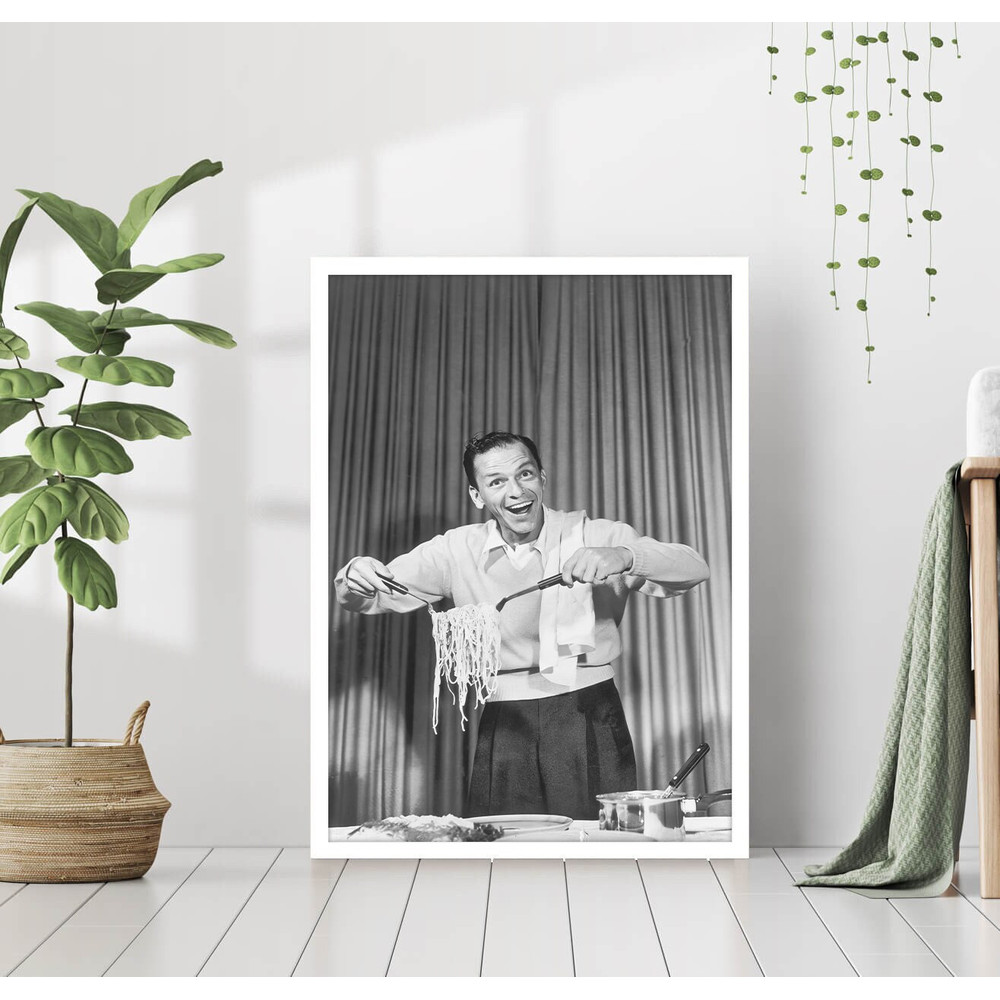 Frank Sinatra Eating Pasta Print Black White Vintage Retro Photography Restaurant Kitchen Diner Wall Art Decor Canvas Frame Spaghetti Poster.jpg