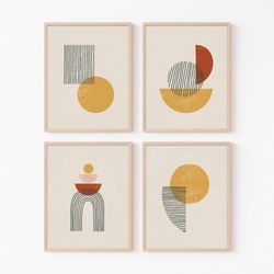 geometric boho set of 4 abstract minimalistic soft ivory beige cream coffee rust decor gallery wall line art canvas fram