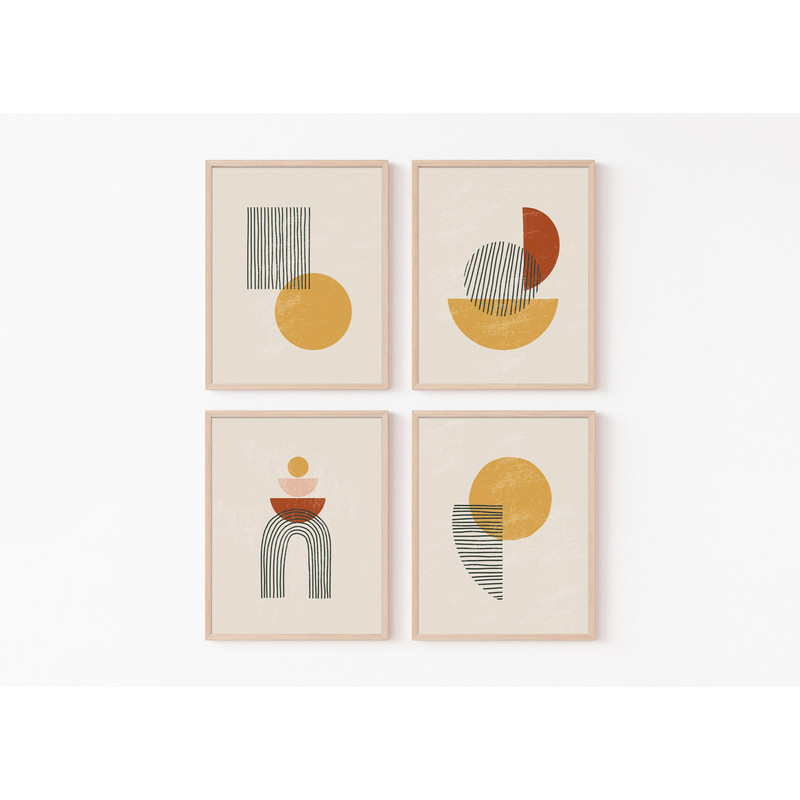Geometric Boho Set of 4 Abstract Minimalistic Soft Ivory Beige Cream Coffee Rust Decor Gallery Wall Line Art Canvas Framed Printed Poster.jpg