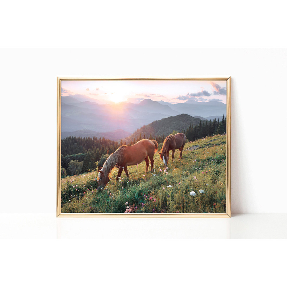 Grazing Wild Horses Mountain Photography Field Boho Meadow Nature Farmhouse South Western Room Decor Canvas Print Poster Frame Room Wall Art 1.jpg