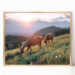 grazing wild horses mountain photography field boho meadow nature farmhouse south western room decor canvas print poster