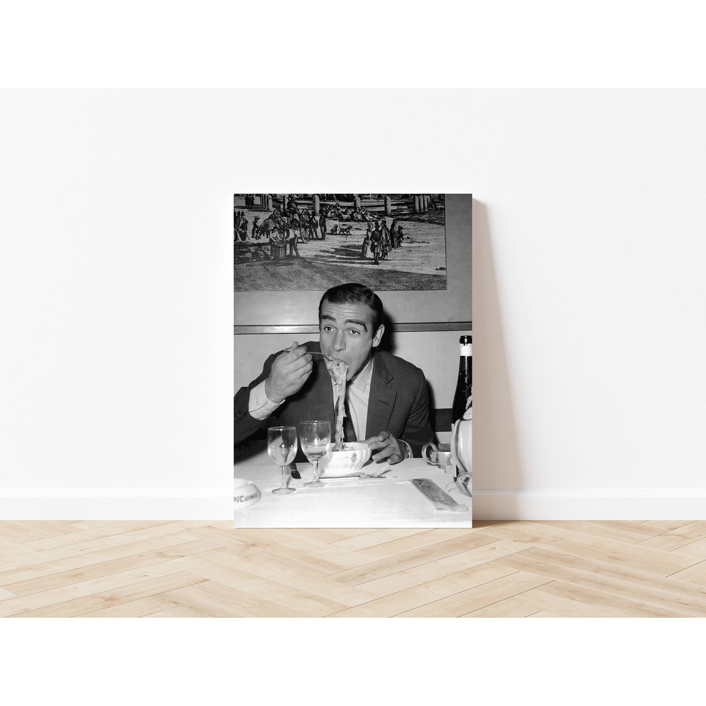 James Bond Eating Pasta Print Black & White Vintage Retro Photography Restaurant Kitchen Diner Wall Art Decor Canvas Frame Spaghetti Poster.jpg