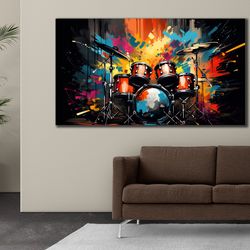 drums wall decor, graffiti drums canvas, musical instrument poster, drums artwork, drummer gift, rock club wall art, hom