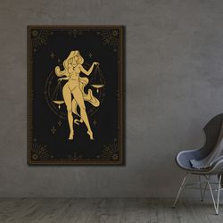 golden libra canvas art, zodiac wall art, for astrology enthusiast, golden canvas, libra print, libra wall art, digital