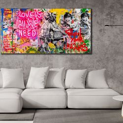 love is all we need wall art, banksy poster print art, modern wall decor, street graffiti canvas, 3d love graffiti post