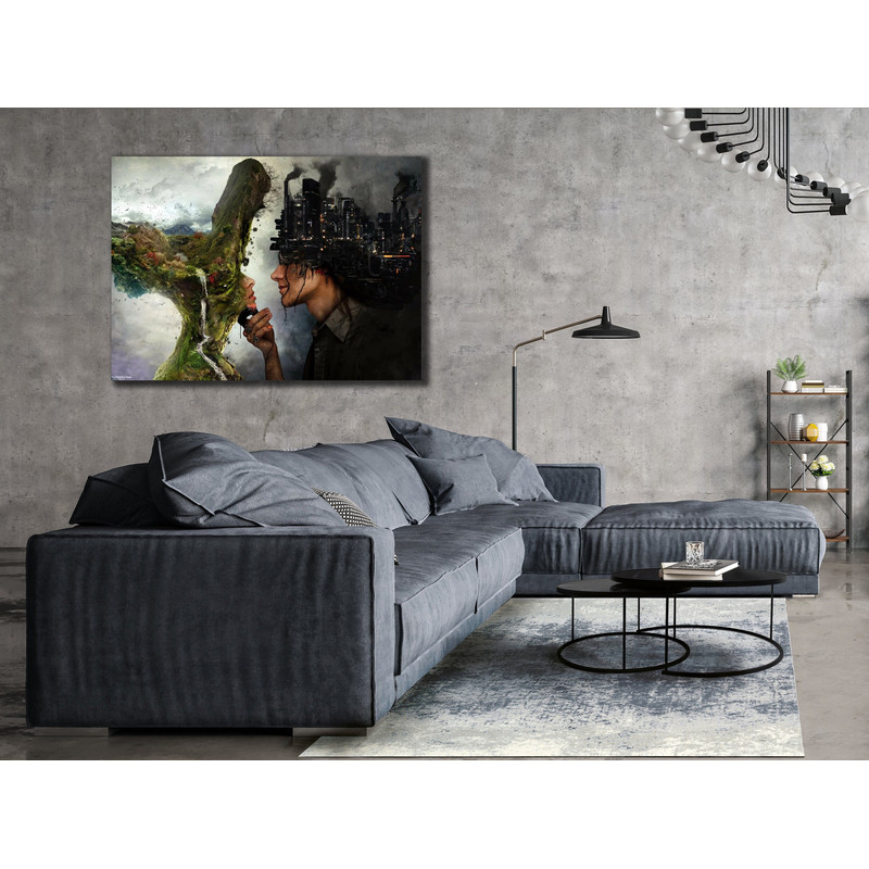 Nature And Burning City Canvas Art, Nature City War Painting, Fire Man And Nature Woman Wall Art, Kissing Couple Canvas Print, Abstract Art.jpg