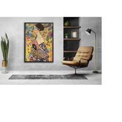 gustav klimt lady with fan canvas/poster wall art reproduction, klimt works, classical wall art, symbolism art nouveau p