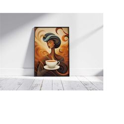 woman and a cup print, coffee poster, exhibition poster, coffee lover gift, boho decor, wall art, mid century modern, di