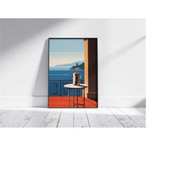 seaside coffee print, coffee poster, exhibition poster, coffee lover gift, boho decor, wall art, mid century modern, dig