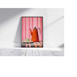 red vintage kettle print, coffee poster, exhibition poster, coffee lover gift, boho decor, wall art, mid century modern,