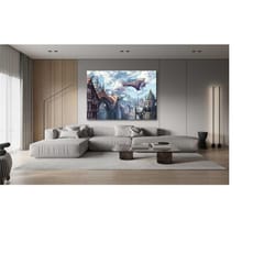 steampunk city canvas, steampunk poster, home office decor, city industrial wall decor, house gift, 5 piec ready to han