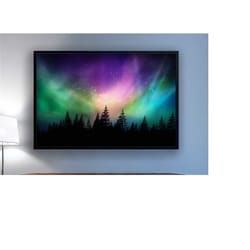 northern lights canvas wall art, forest colorful scandinavia aurora painting, landscape canvas painting, modern home dec
