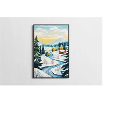 snowy mountain art, ski resort log cabin poster for winter decor