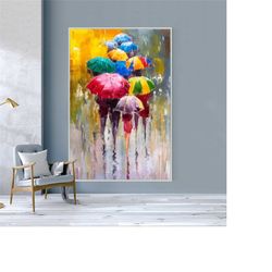 colorful umbrella rainy day oil painting canvas painting, oil painting artistic wall decor, living room wall art, ready