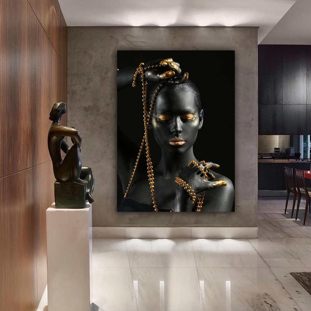 african girl gold glitter canvas painting, ethnic painting, black woman painting, african woman wall art, gold and black canvas painting 2.jpg