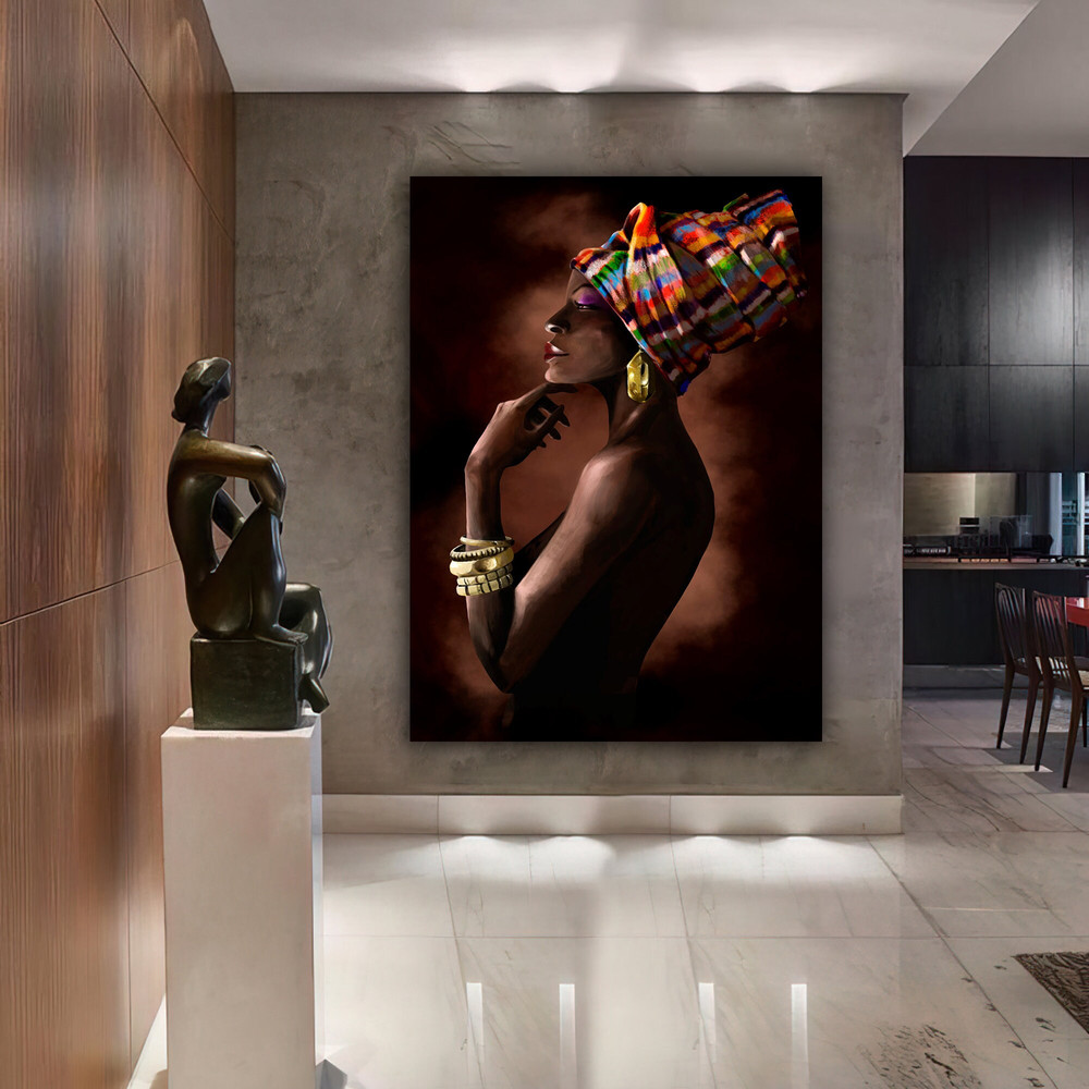 african girl gold glitter canvas painting, ethnic painting, black woman painting, african woman wall art, gold and black canvas painting.jpg