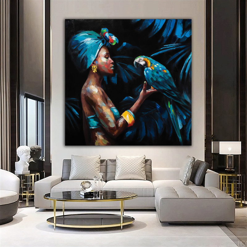african woman and parrot canvas painting, paint textured canvas print, ethnic woman canvas wall art, parrot painting.jpg