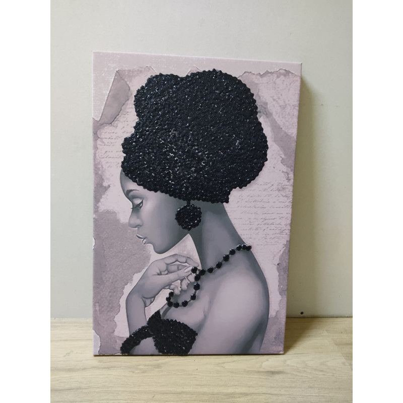 African woman black glitter embroidered canvas painting, woman with black hat canvas painting, african woman wall decor, african women art.jpg