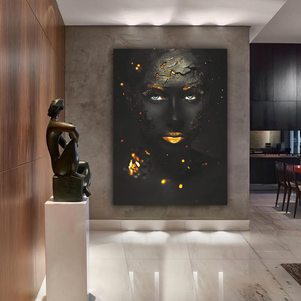 african woman gold glitter canvas painting, ethnic painting, black woman painting, african woman wall art, gold and black canvas painting 1.jpg