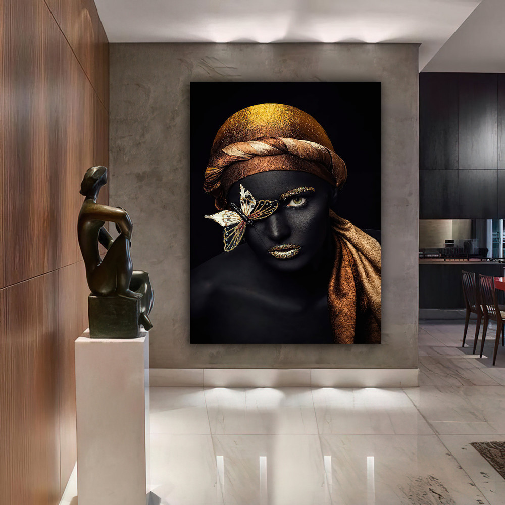 african woman gold glitter canvas painting, ethnic painting, black woman painting, african woman wall art, gold and black canvas painting.jpg