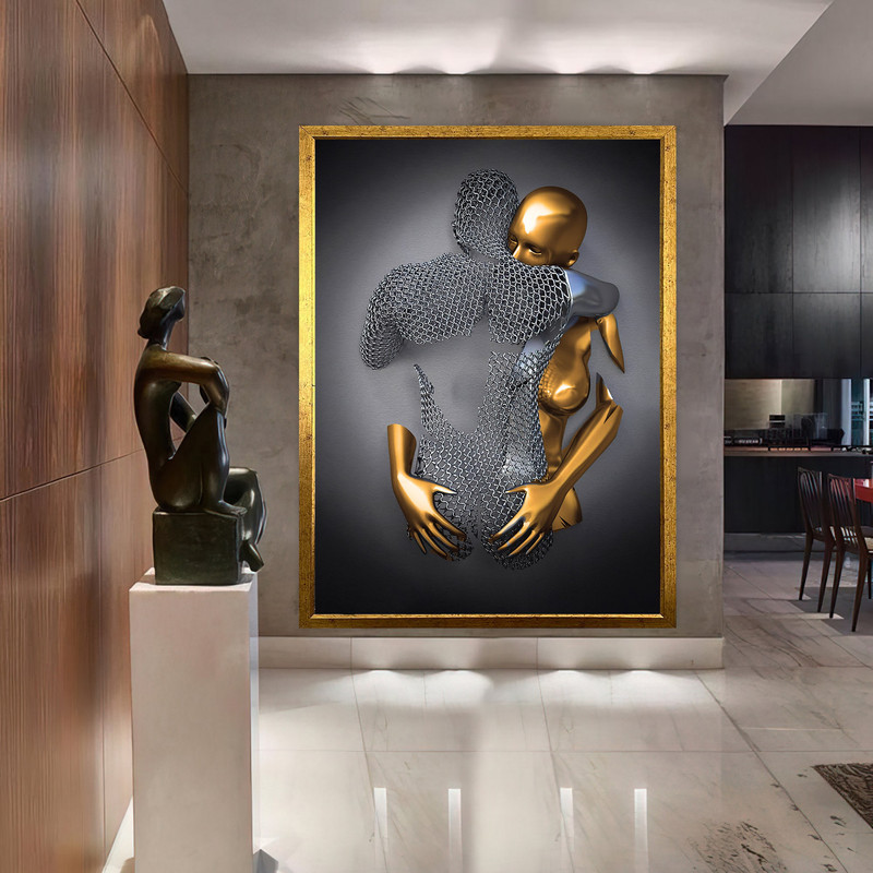bronze and silver chain love couples canvas painting, 3 d effect, glitter textured, framed canvas print.jpg