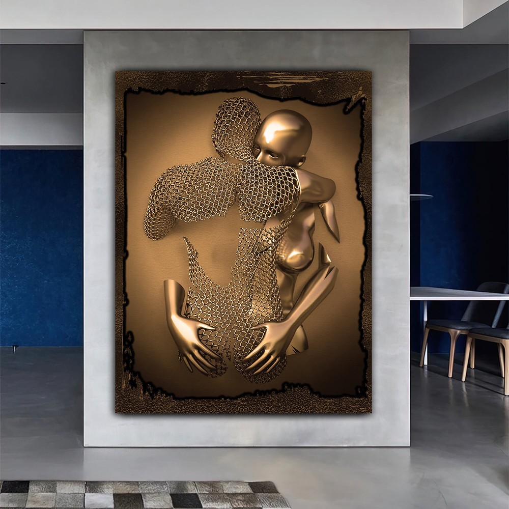 Bronze glitter embroidered love couples canvas painting with 3d effect , bedroom canvas painting with 3d effect.jpg