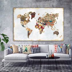 colorful world map canvas painting, map wall decor, countries map canvas painting, artistic world map canvas painting