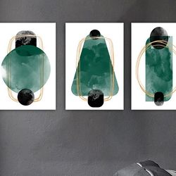 emerald green canvas painting, abstract emerald color 3 panel canvas print, modern abstract home decor