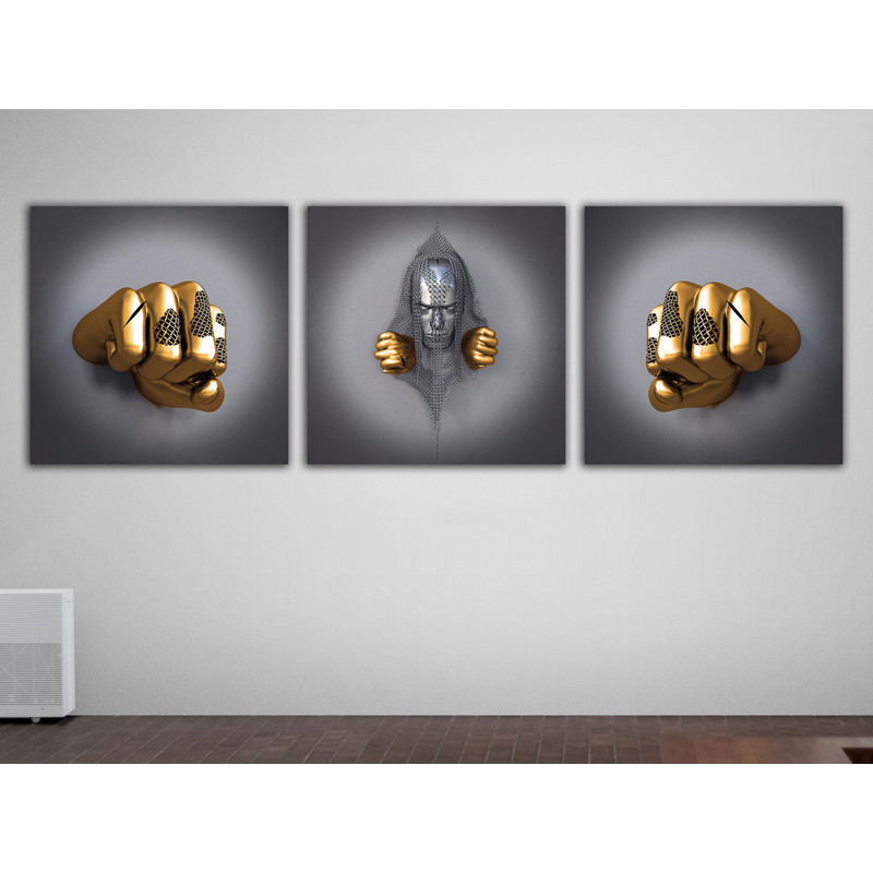 Fist and head canvas painting set, bronze and silver square painting, 3 d effect painting set with silver and 3d wall art.jpg