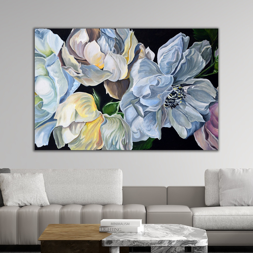 flowers canvas painting, magnolia floral print, floral home decor, black and white floral wall art.jpg
