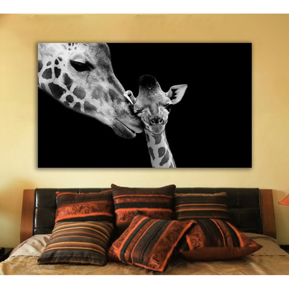giraffe baby canvas, mother and baby giraffe painting, black and white giraffe wall art, baby giraffe canvas print.jpg
