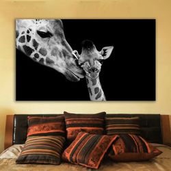 giraffe baby canvas, mother and baby giraffe painting, black and white giraffe wall art, baby giraffe canvas print
