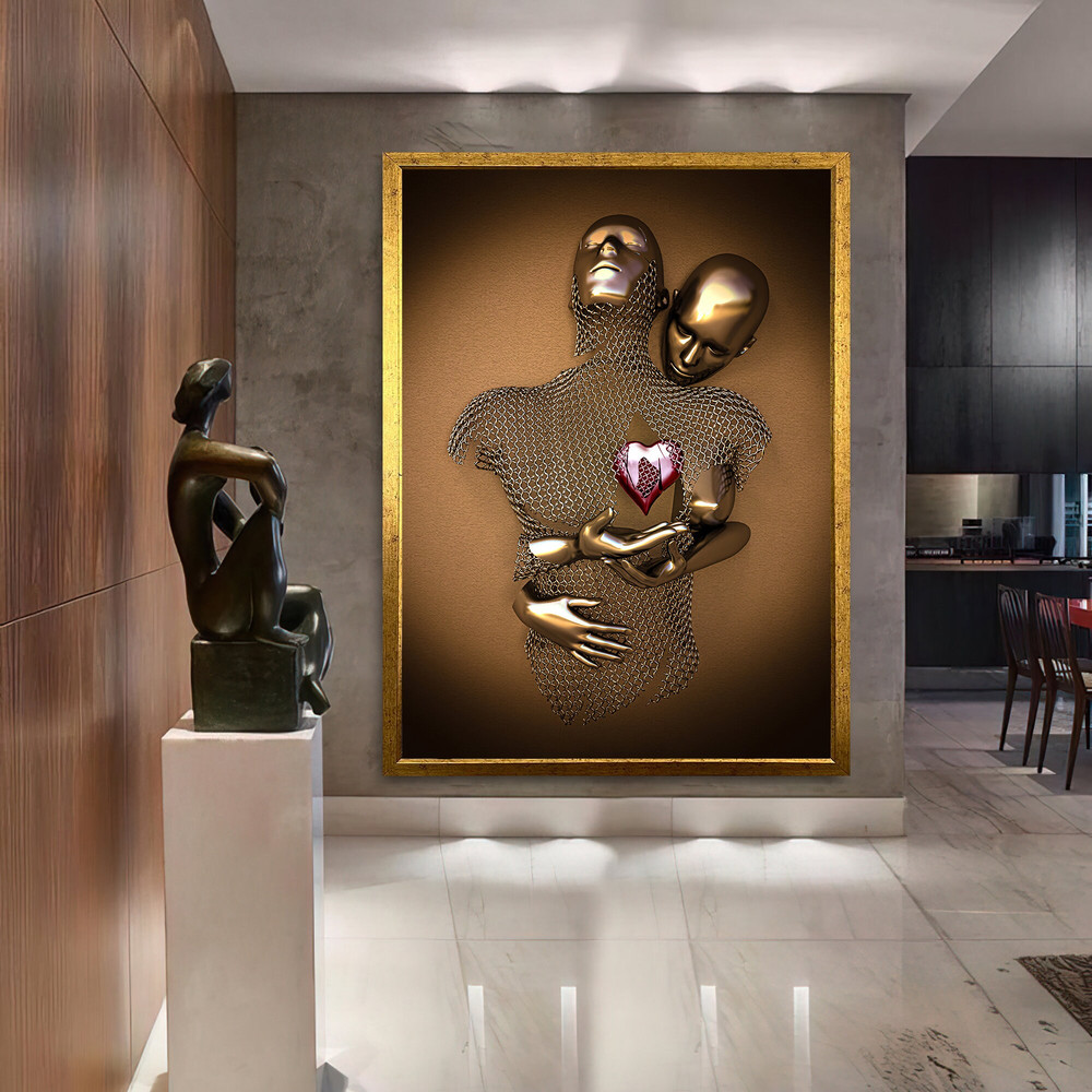 glitter embroidered love couples canvas painting , bronze glitter textured framed canvas print, 3 d effect bedroom art.jpg