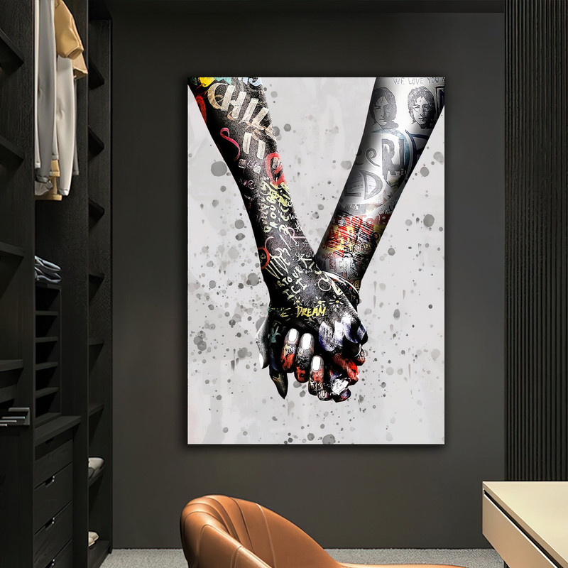 Holding hands love fence graffiti canvas painting, graffiti hands canvas painting, love couples canvas painting 1.jpg