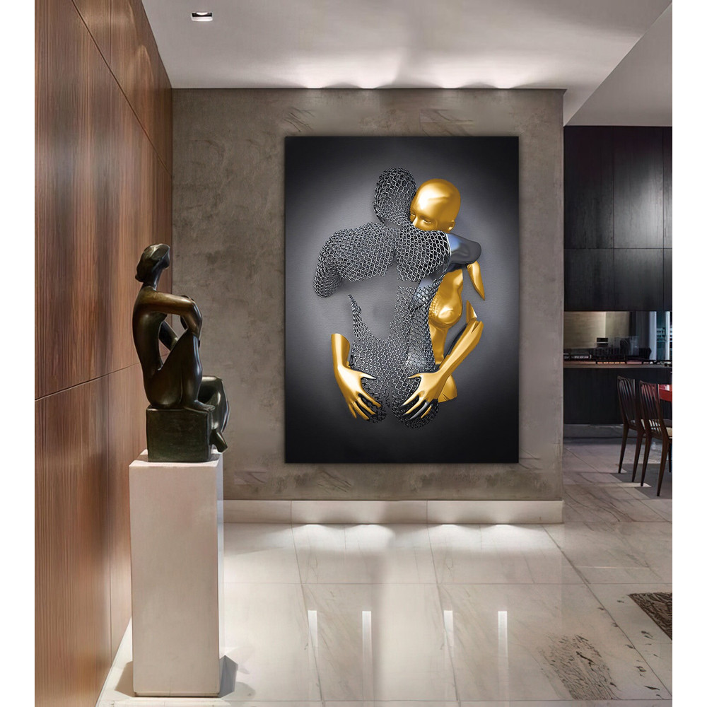 Hug canvas, bedroom wall art, couple painting with chain, glitter textured canvas print, make love canvas painting, gold and silver art.jpg