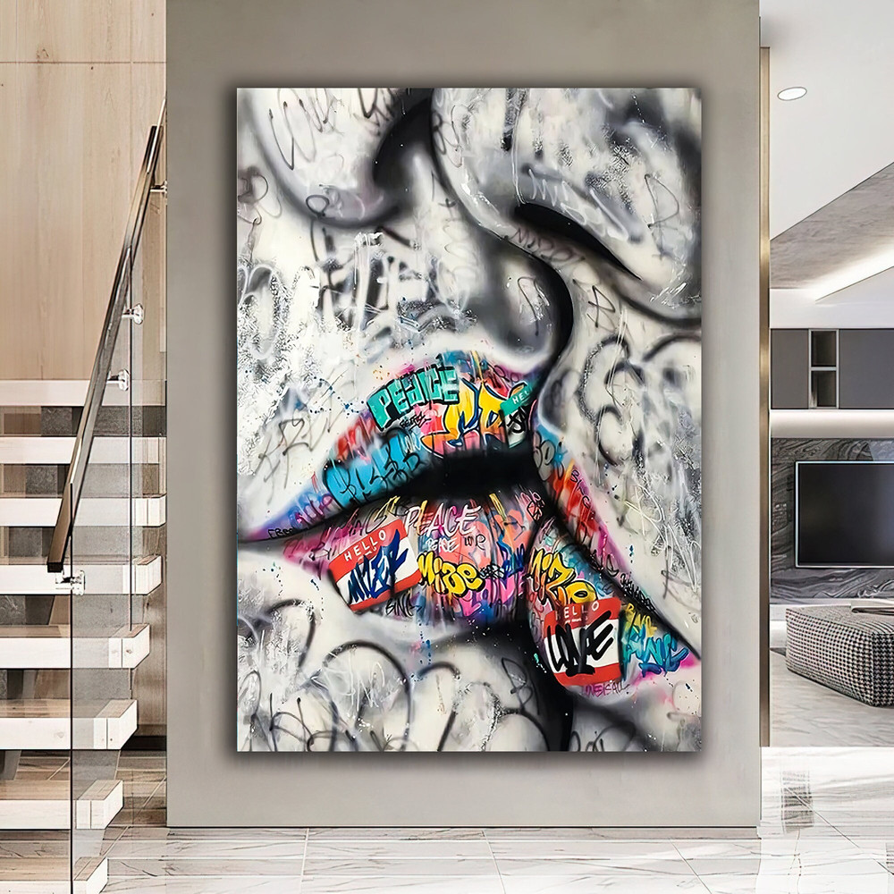 Kiss graffiti canvas painting, kissing couple canvas painting, graffiti lips canvas painting.jpg