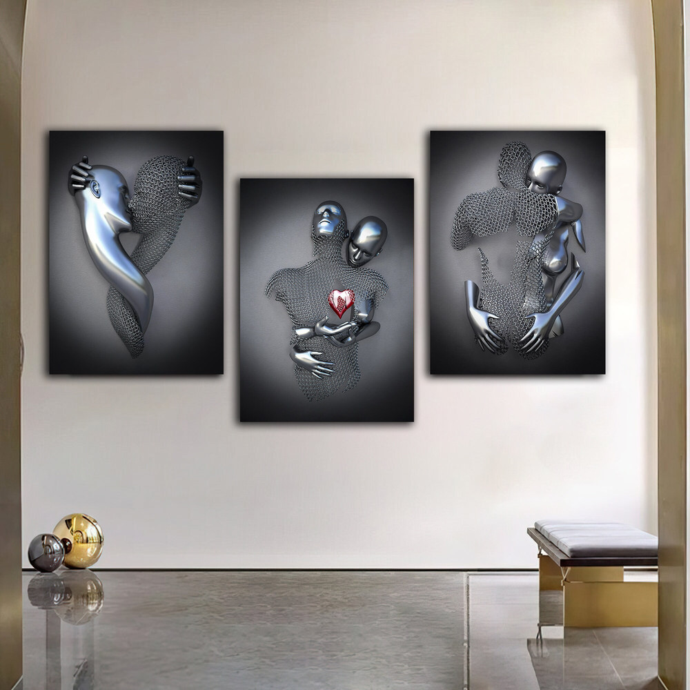 Kissing, hugging, red heart canvas painting set, love couples with silver glitter texture canvas painting, 3 d effect wall decor.jpg
