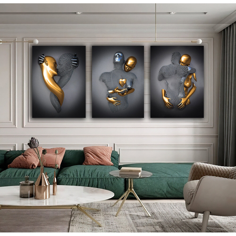 Kissing, hugging, red heart canvas painting set, love couples with silver glitter texture on canvas, 3 d effect wall decor.jpg