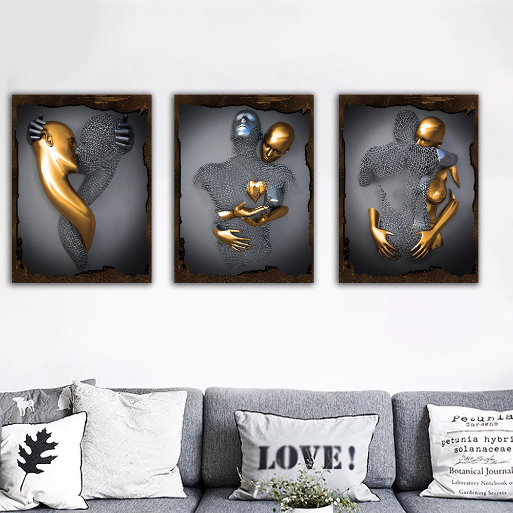 Kissing, hugging, red heart canvas painting set, valentine's day gift couples with silver glitter texture on canvas, 3 d effect wall decor.jpg