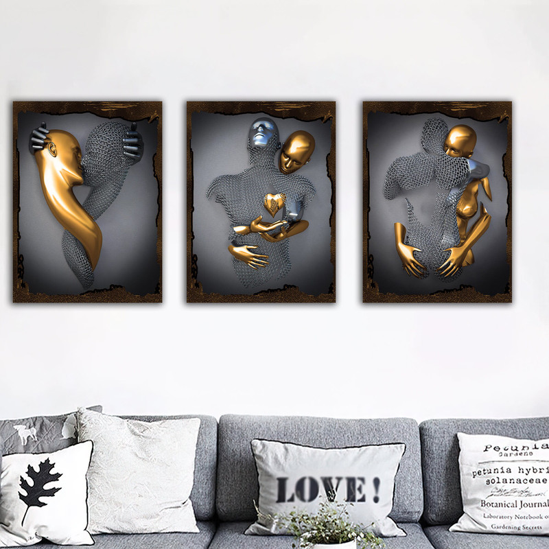 Kissing, hugging, red heart canvas painting set, valentine's day gift couples with silver glitter texture on canvas, 3 d effect wall decor.jpg