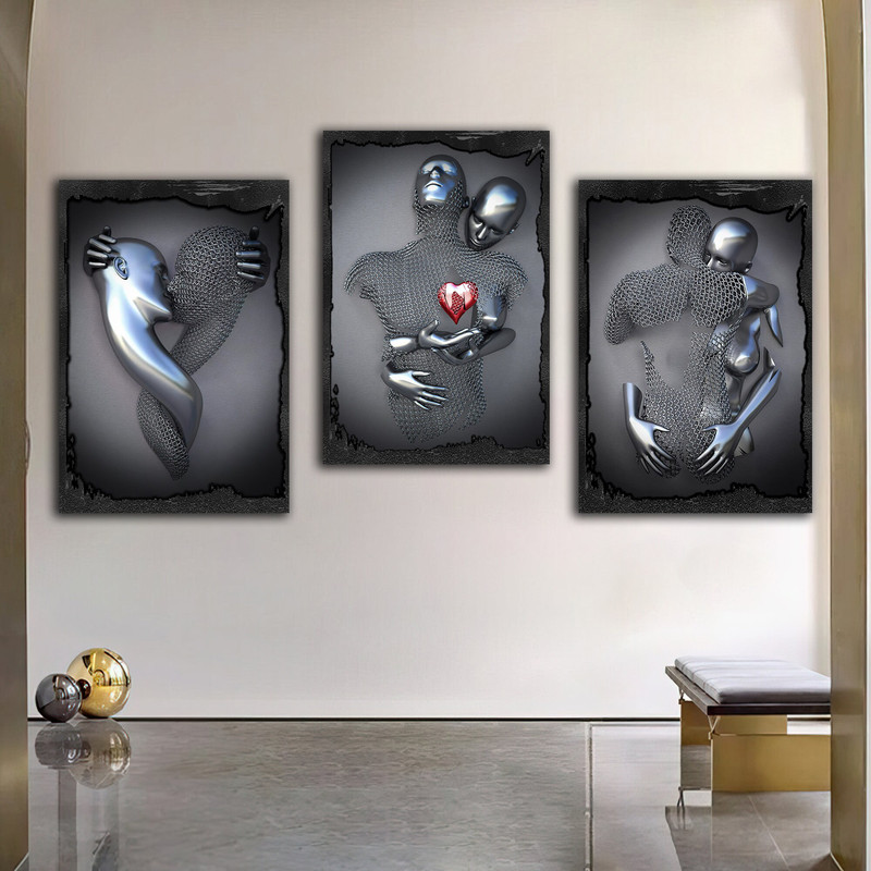 Kissing,hugging,red heart canvas painting set, love couples with silver glitter texture canvas painting, 3 d effect wall decor.jpg
