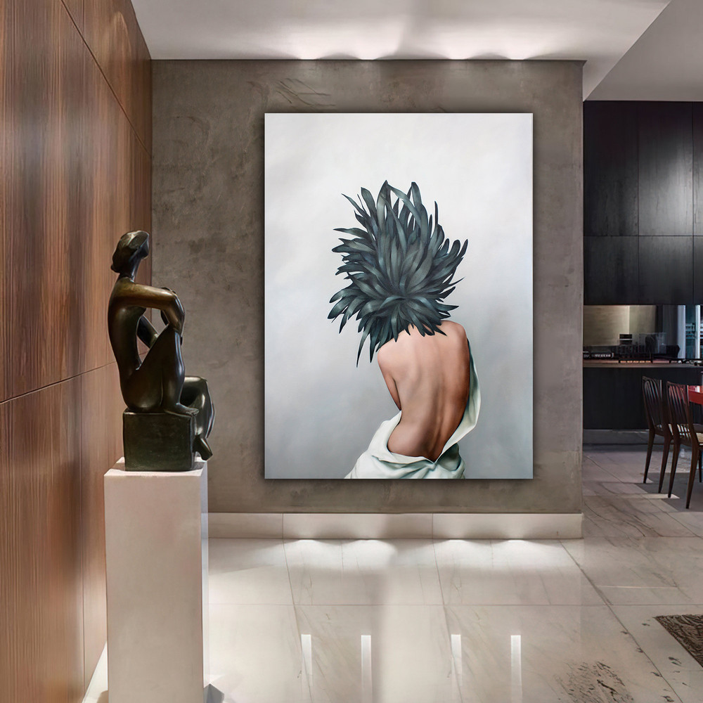 lady with feather body canvas print,woman with flower head canvas painting,artistic nude woman canvas painting,women wall decor 1.jpg