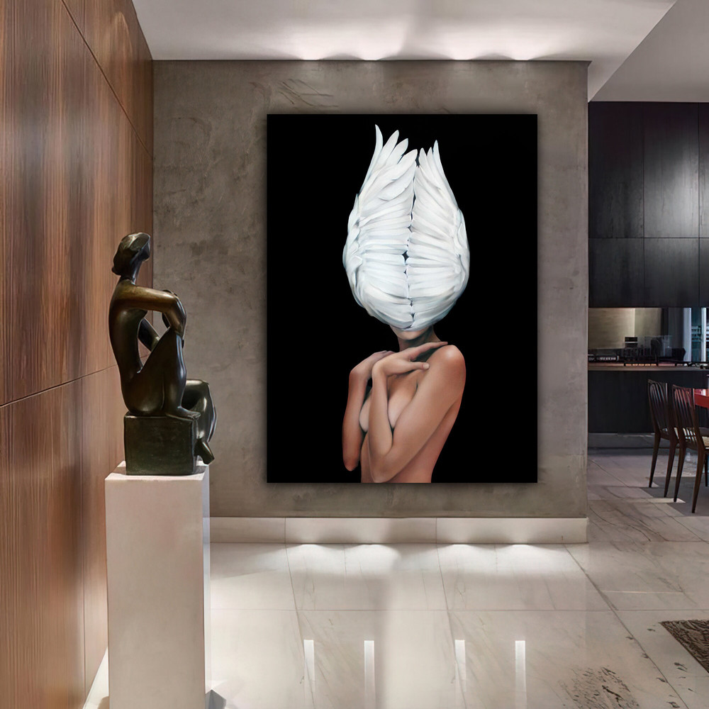 lady with feather body canvas print,woman with flower head canvas painting,artistic nude woman canvas painting,women wall decor 2.jpg