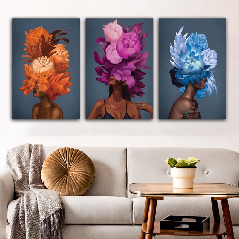 lady with flower body canvas print,woman with flower head canvas painting,feather headed women canvas painting,women wall decor 1.jpg
