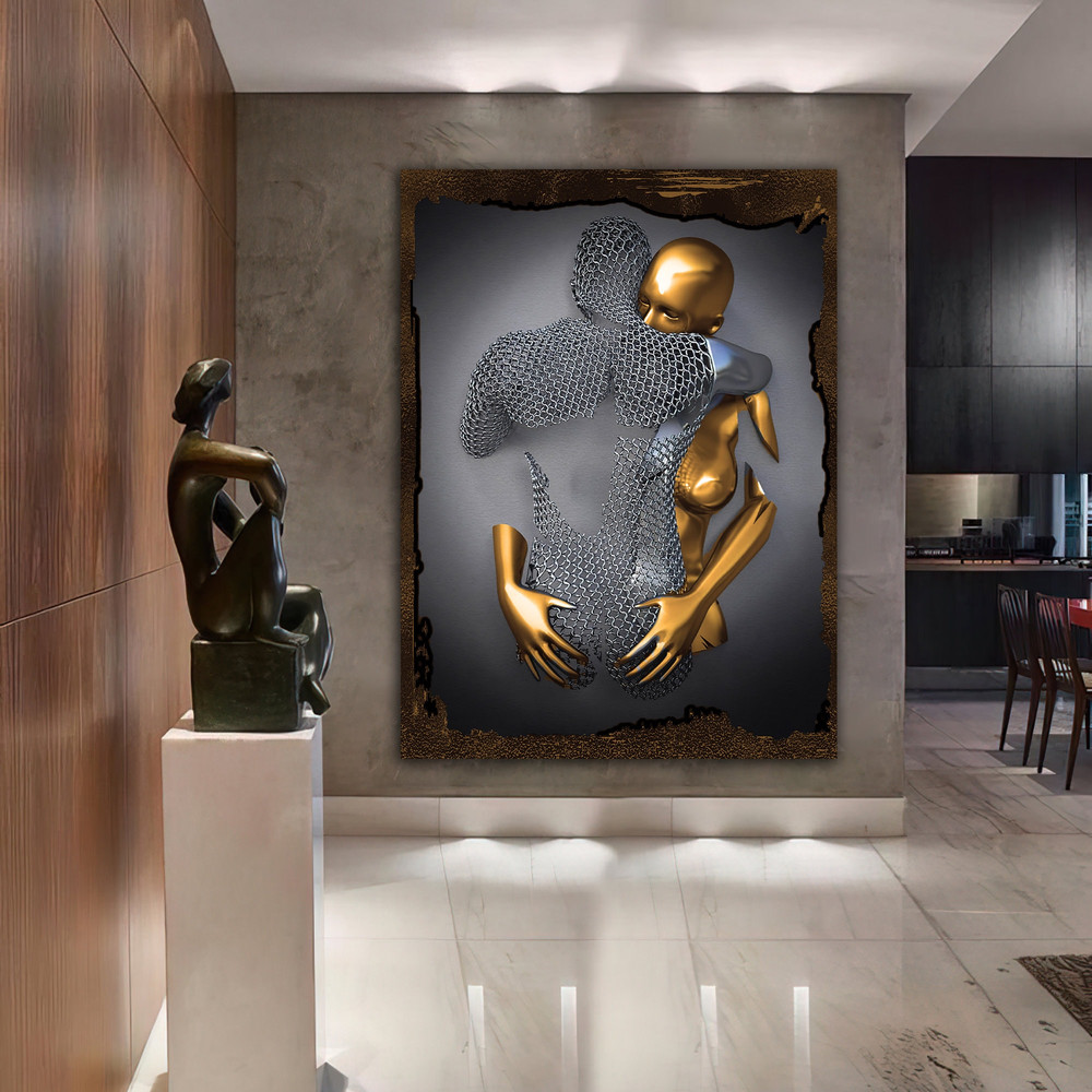 love couples bronze and silver canvas painting, bedroom sexy model canvas painting, love couples wall decor 1.jpg