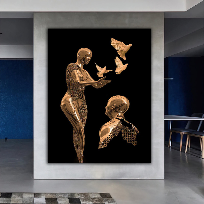 Love couples canvas painting with bronze glitter texture, 3 d look wall decor, doves canvas painting.jpg