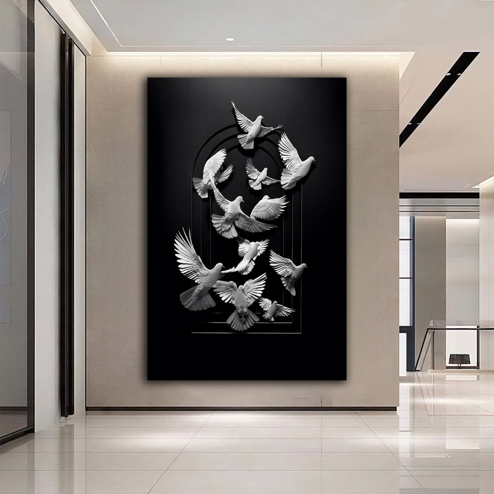 Pigeons canvas painting, flying pigeons silver glitter textured wall decor, white birds canvas painting.jpg