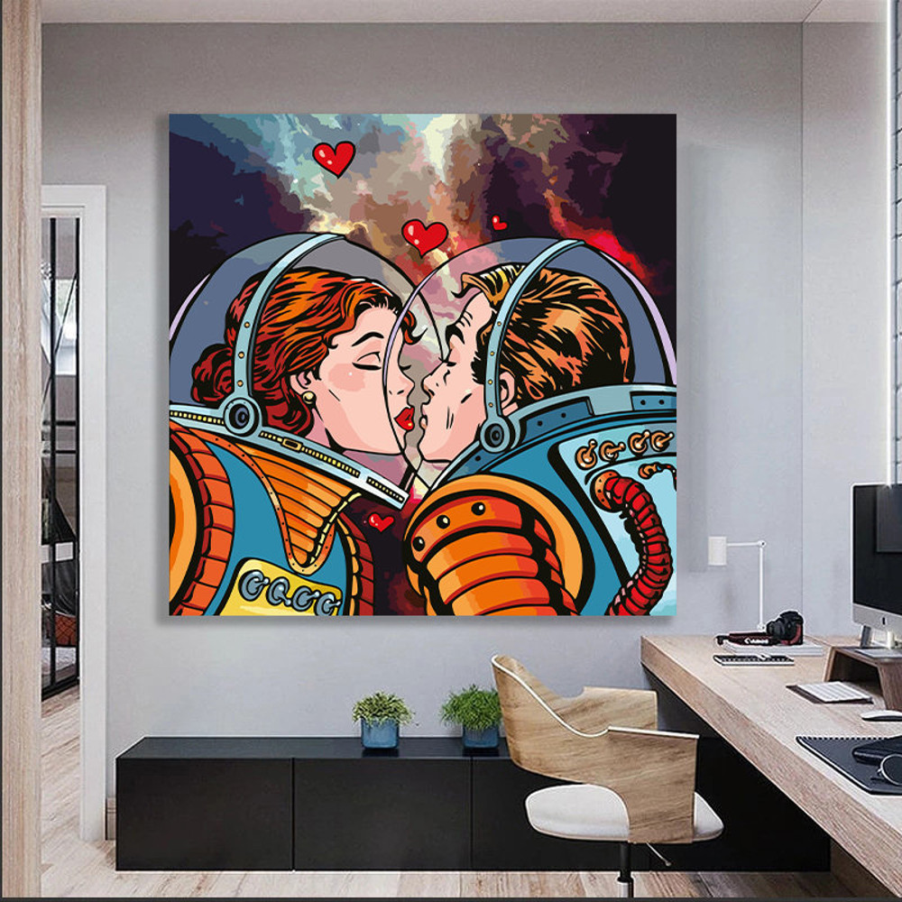 Pop Art Wall Art, Comic Pop Art, Woman , Omg Shock Comic Style, kissing astronauts pop art canvas print, Woman Wall Art, Lip Wall Decor.jpg
