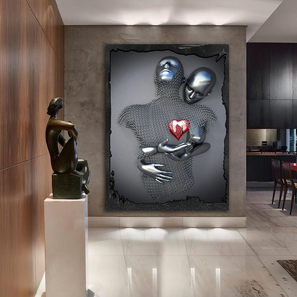 Red heart love couples canvas painting, silver glitter embroidered hugging couples wall decor, framed looking 3 d look wall art.jpg